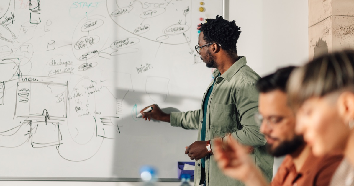 Software architect drawing an ERP integration workflow on a whiteboard