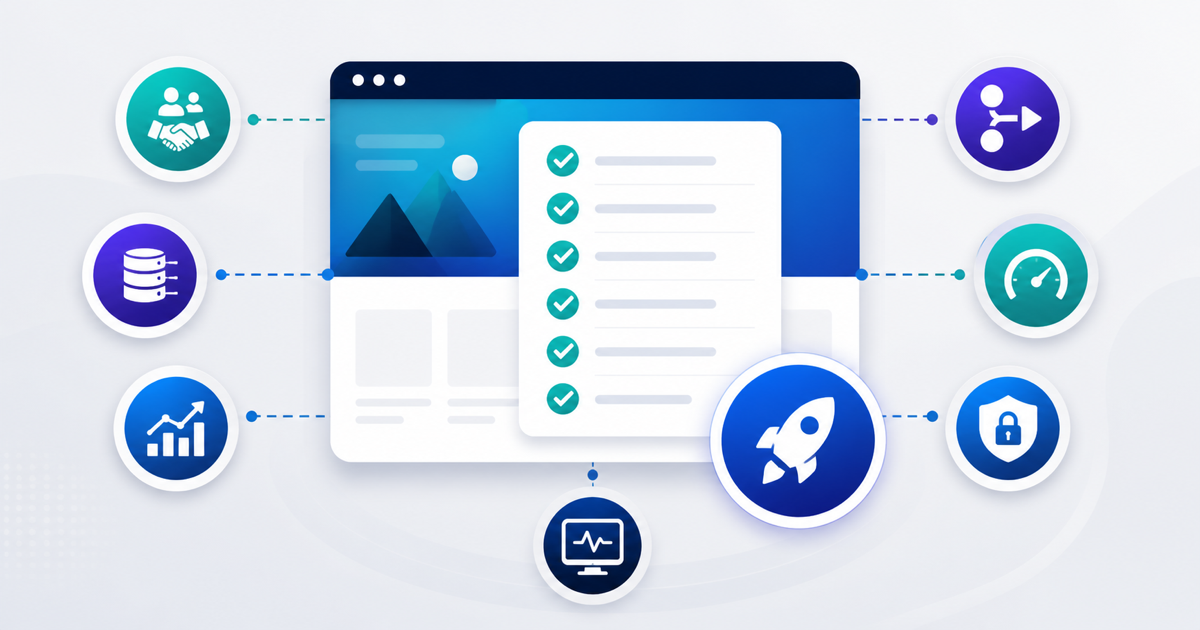 Business-critical website launch checklist covering integrations, analytics, SEO, performance, security, and monitoring